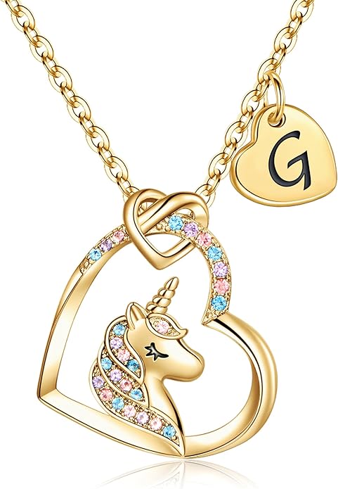 Hidepoo Valentines Gifts for Kids Girls - Unicorn Necklace Gifts for Teen Girls Kid, Colorful CZ Heart Pendant Initial Unicorn Necklaces for Girl Jewelry Birthday Gift for Girl Kid