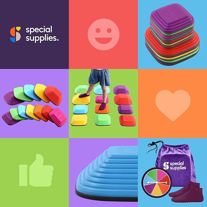 Special Supplies Stepping Stones for Kids Indoor and Outdoor Balance Blocks Promote Coordination, Balance, Strength Child Safe Rubber, Non-Slip Edging (Multi-Color, 12)