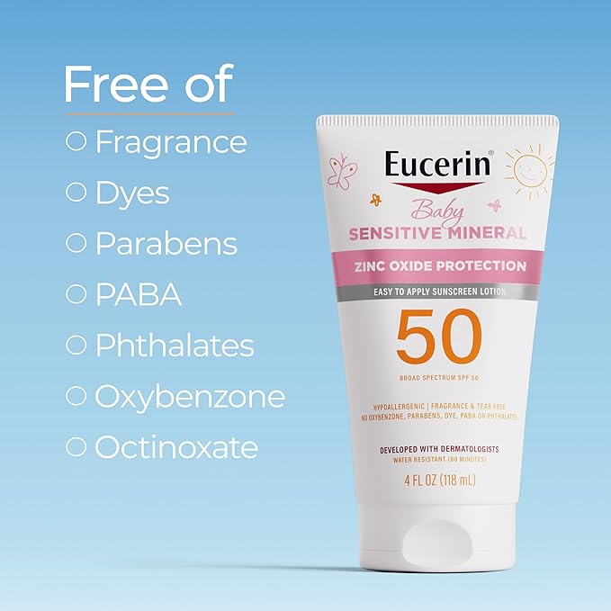 Eucerin Sun Sensitive Mineral Baby Sunscreen Lotion SPF 50 with Zinc Oxide Protection, Hypoallergenic Mineral Sunscreen for Babies, Tear Free and Fragrance Free, 4 Fl Oz Tube