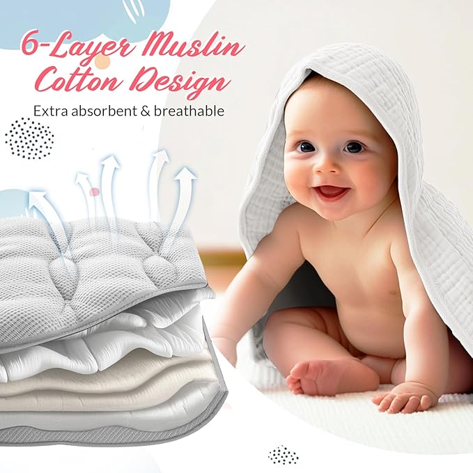 6 Pcs Muslin Hooded Bath Towels Washcloths and Bibs Set, Muslin Cotton Baby Towels Absorbent Hooded Blanket Towel Infant Bibs for Boys Girls Newborn Infant Essentials(Pink, Light Pink)