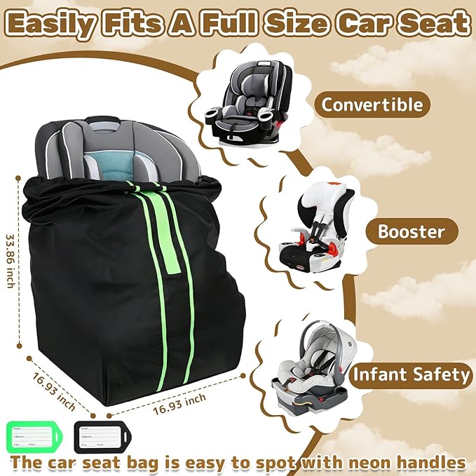 Carseat Bag for Airplane Travel, Carseat Gate Check Bag, Durable Car Seat Cover Baby Travel and 2 Pcs Luggage Tags For Airplane, Perfect for Air Travel Family Vacations and Parent with Infants