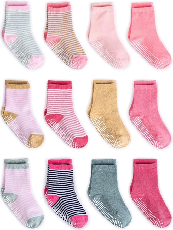 ZAPLES Baby Non Slip Grip Crew Socks with Anti Skid Soles for Infants Toddlers Kids Boys Girls