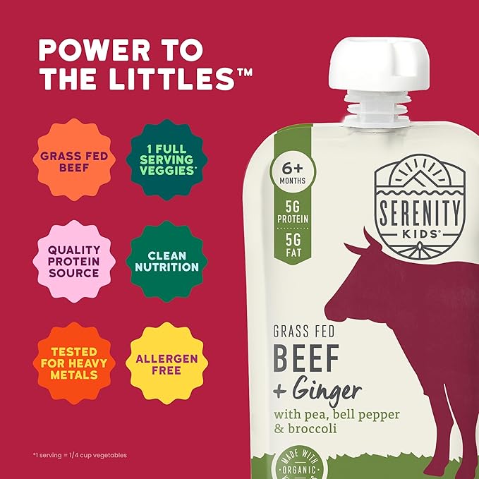 Serenity Kids 6+ Months Beef & Ginger Baby Food Puree Pouches - Grass Fed Beef & Organic Vegetables - Protein-Packed Meat Baby Food - Veggie-Rich Peas & Bell Pepper Blend - 3.5 Oz, 6 Pack