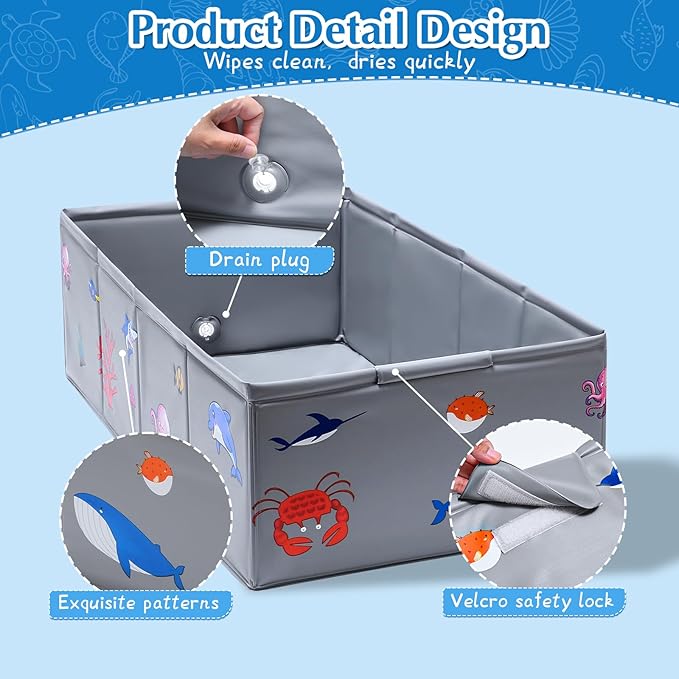 Portable Foldable Baby Bathtub with Drain Plug, 30" L x 15.2" W x 8.6" H Kids Travel Tub, Converts Shower to Tub, No Assembly Folds Flat for Storage, for Infant Toddler 6M-5 Years, Gray