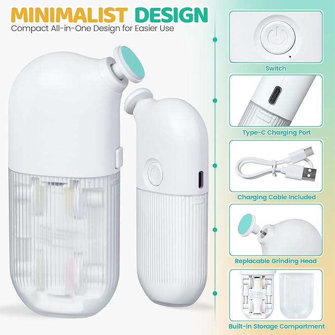 IvyWind Electric Baby Nail File, 7 in 1 Grinding Heads Baby Nail Trimmer, Automatic Baby Nail Clippers for Infant Newborn Toddler Kid Adult, 2 Speeds, USB Rechargeable, White
