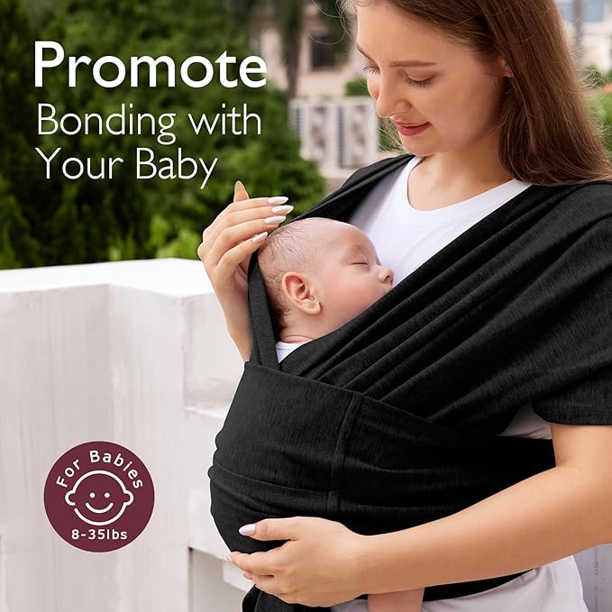 Momcozy Baby Wrap Carrier Skin-Friendly Fabric, Easy to Wear Baby Carrier Sling T-Shirt Design, Hands Free Baby Carriers Newborn to Toddler 8-35lbs, Adjustable Buckle Suit for Waist Waist 47-57, Black