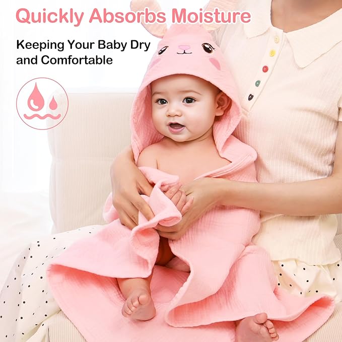 Unicorn Castle Hooded Baby Towels 2Pack 100% Muslin Baby Bath Towels for Newborn Animal Design Ultra-Soft Baby Girl Boy Bath Essentials 30 X 30 Inch, Pink Rabbit- Beige