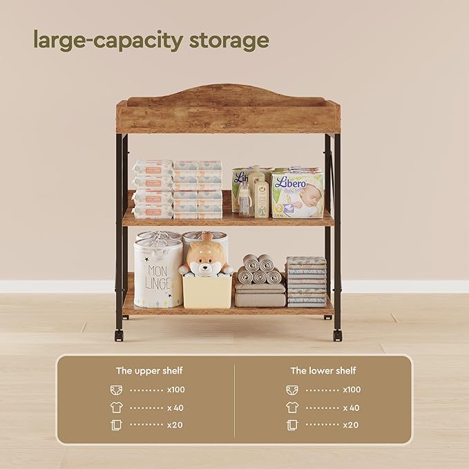 Baby Changing Table, Diaper Changing Station with Pad and Wheels, Two-Tier Open Storage Shelves, Waterproof Diaper pad & Safety Strap,Compact Baby Furniture for Nursery, Rustic Brown