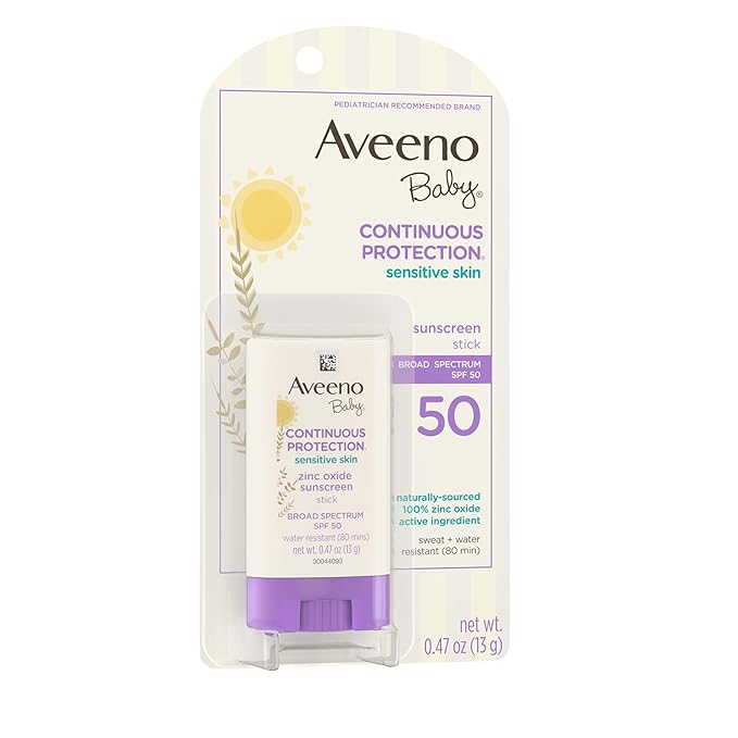 Aveeno Baby Continuous Protection Mineral Sunscreen Stick for Sensitive Skin with Broad Spectrum SPF 50 Protection for Face & Body, Naturally Sourced 100% Zinc Oxide, Travel Size, 0.47 oz
