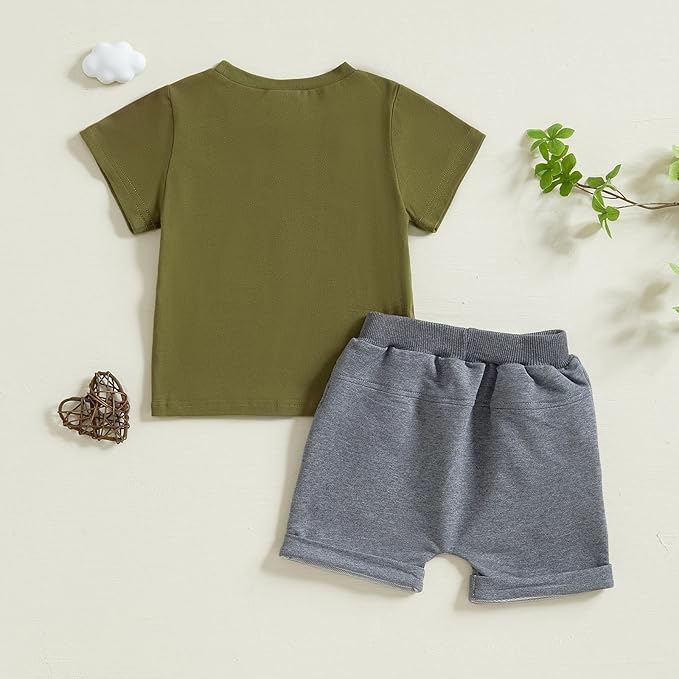 fhutpw Toddler Baby Boy Summer Clothes Tractor Letter Short Sleeve T-Shirt Tops Pockets Casual Shorts Set Infant Outfits