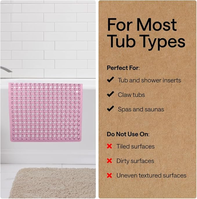 GORILLA GRIP Patented Bath Tub Shower Mat, Machine Washable Bathtub Floor Liner Mats, Suction Cups and Drain Holes to Keep Tubs Clean, Soft on Feet, Bathroom Essentials, 35x16 Inch, Clear Purple
