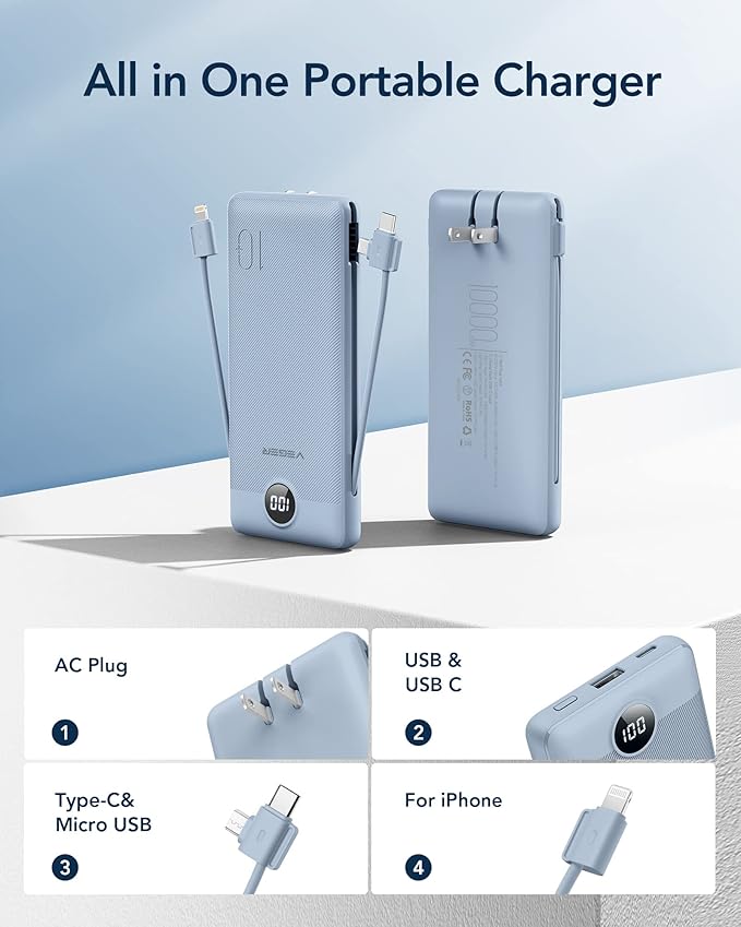 VEGER Portable Charger with Built-in AC Plug and Cables, All in One 10000mAh Ultra Slim Power Bank Travel Essentials, 15W Fast Charging Battery Pack Compatible with iPhone, Samsung, Android (Blue)
