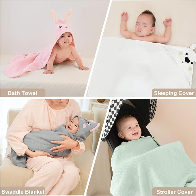 FIOBEE Hooded Baby Towels 100% Muslin Baby Bath Towels for Newborn with Animal Design Ultra-Soft and Absorbent Bath Essentials for Toddler, Unisex Girls Boys 30 x 30 inch, White Bear