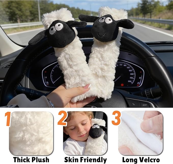 2 PCS Seat Belt Cover Pad, Cute Kawaii Sheep Seatbelt Covers for Kids, Winter Plush Fluffy Soft Seat Belt Cover, Seatbelt Cushion,Car Seat Strap Pads (H-Sheep)