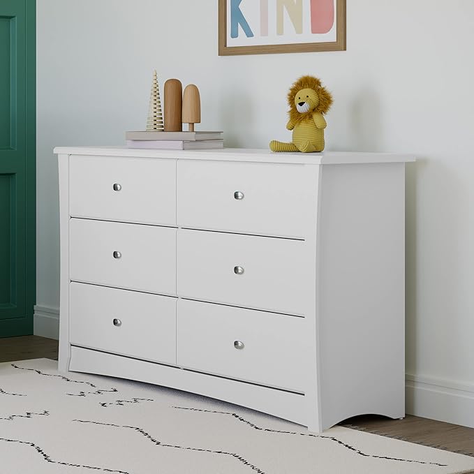 Storkcraft Crescent 6-Drawer Dresser (White) – GREENGUARD Gold Certified, White Dresser for Bedroom, Kids & Nursery Storage Chest, Safety Interlocking Drawers, Pre-Installed Tracks, Kids Chest
