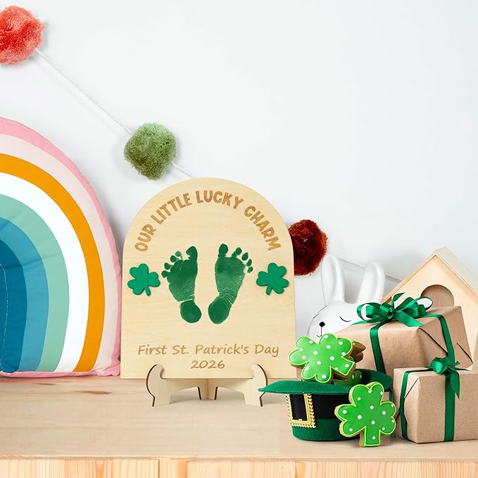 R HORSE Baby's First DIY St. Patrick's Day Footprint or Handprint Art Sign Craft, 3D Engraved Wooden Standable Ornament, Newborn Keepsake Gift Photo Prop for Unisex Baby St. Patrick's Day Baby Shower