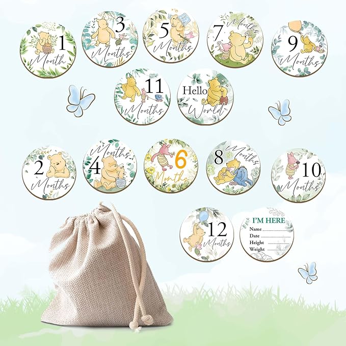7 Pcs Winnie Baby Monthly Milestone Markers, Winnie Double Sided Baby Months Wooden Signs with Storage Bags, Baby Monthly Announcement Wooden Discs, Milestone Pictures of Your Newborn Boy & Girl