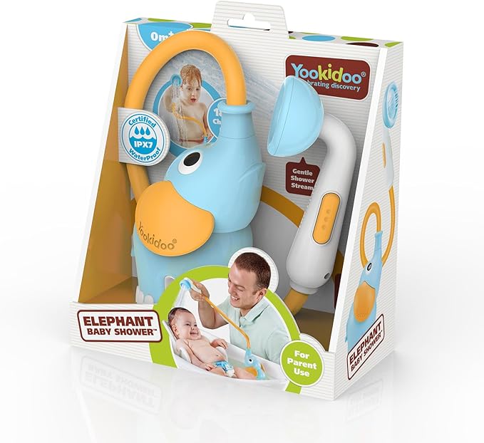 Yookidoo Baby Bath Shower Head – Elephant Water Pump with Trunk Spout Sprayer & Rinser, Dual Knob Flow Control, Bath Time Essential for Newborns, Tub or Sink (Blue & Orange)