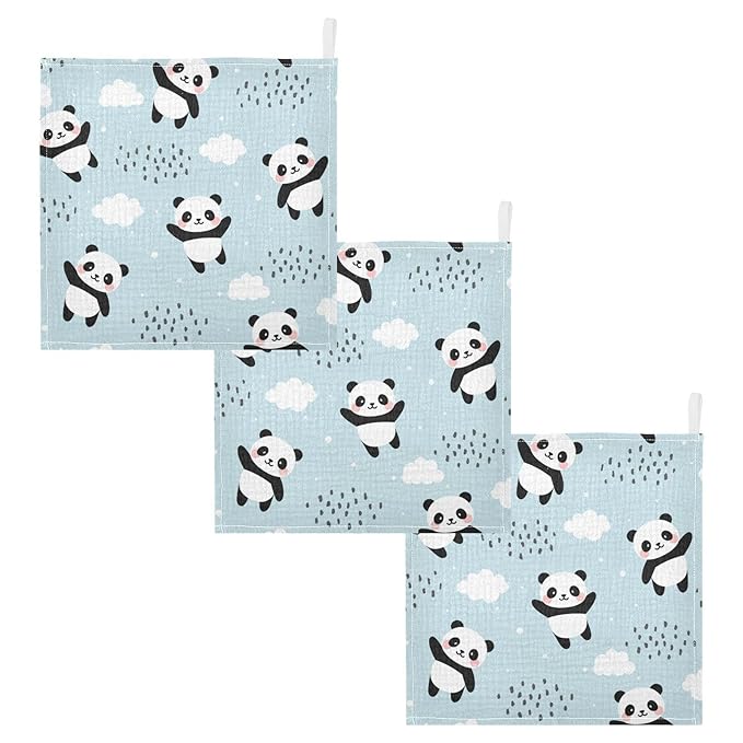 YETTASBIN Panda Muslin Baby Hand Washcloths, Soft Cotton Bath Face Towel, 4 Layers Extra Absorbent Feeding Burp Cloth for Newborn Infant, 5 Pack