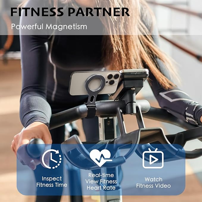 Magnetic Phone Holder for Bar, Stroller, Shopping Cart, [Strong Magnet] 180° Adjustable for Gym, Home Fitness Bikes with Adjustable Strap, All Phone (Magnetic Ring Included)