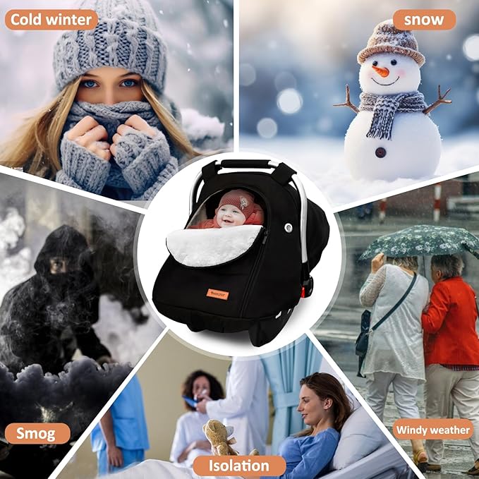 Waterproof Winter Baby Car Seat Cover, Carseat Cover Boys, Cozy & Warm Cover, Infant Car Seat Canopy, Universal Cold Weather Shield, Black