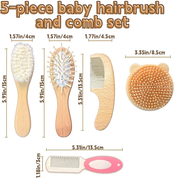 5PCS Baby Brush and Comb Set, Baby Hair Brush with Soft Goat Bristles, Cradle Cap Brush for Cradle Cap Care, Baby Care Essentials for Newborns, Toddlers, Girls and Boys