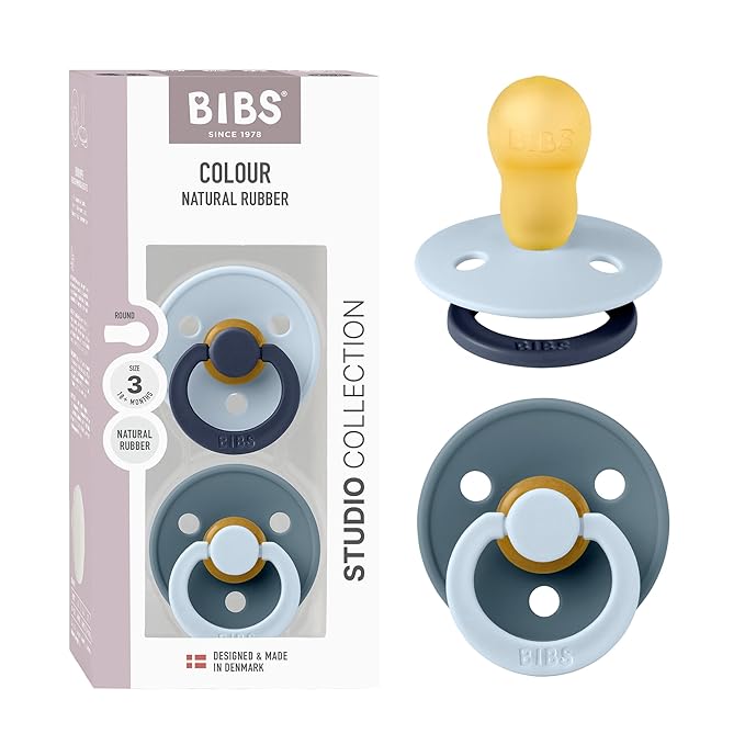 BIBS Colour Studio Pacifier 2-Pack, BPA Free, Round Nipple. Natural Rubber Latex, Made in Denmark, Size 3 (18+ Months) - Baby Blue/Petrol