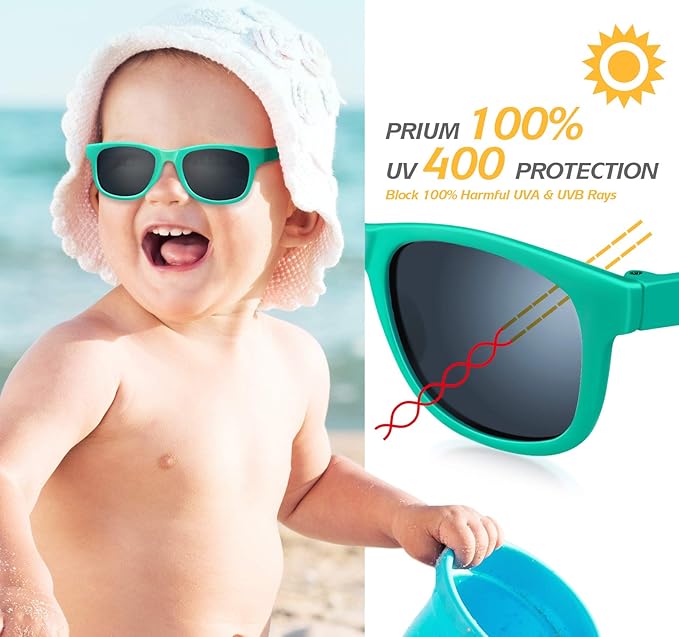 Baby Sunglasses - 100% UV Proof Sunglasses for Baby, Toddler, Kids - Ages 0-2 Years - Case and Pouch included
