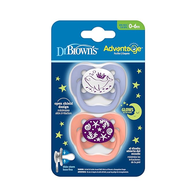 Dr. Brown's Advantage Baby Pacifier, Fully Symmetrical Soother with Soft Silicone Bulb, Glow-in-The-Dark Coral Ocean-Lavendar Love, 0-6m, BPA-Free, 4-Pack