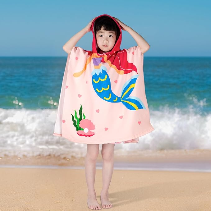 Hooded Kids Beach Towels - Toddler Bath Towel Girls Boys Swim Cover-ups for Ages 1 to 6 Kids Pool Towels Quick Dry Lightweight Soft Microfiber Poncho Towel 24x23(Mermaid Pink)