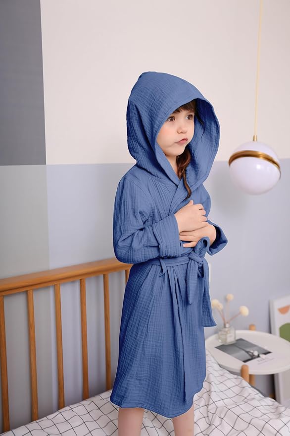 Organic Cotton Toddler Bathrobe, Soft and Breathable Baby Robe for Kid, Boy& Girl Hooded Robe Muslin