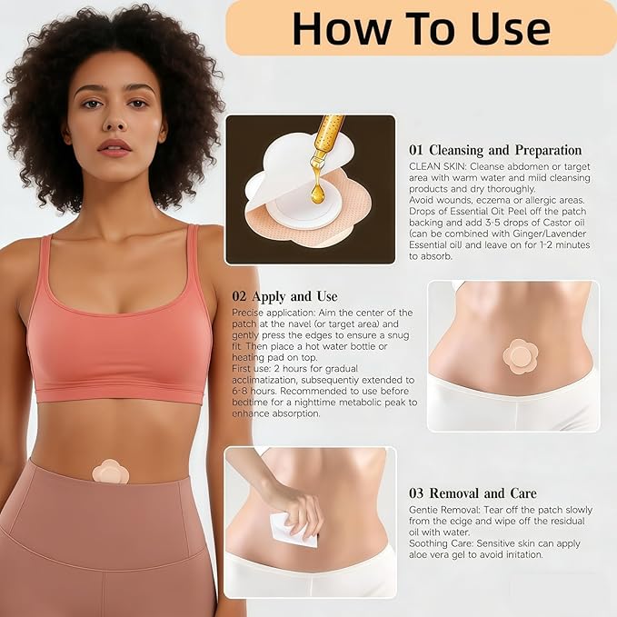 Castor Oil Patches – FDA/MDR/CE Certified Carrier Patches for Castor Oil, Medical-Grade Self-Adhesive Pads, Disposable Organic Cotton Belly Button Patch, Portable Breathable Anti Leakage No Wash