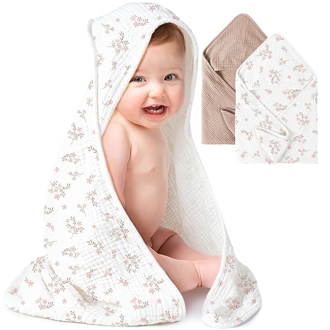 Konssy 2-Pack Muslin Hooded Baby Towels, 100% Cotton, Ultra-Soft & Absorbent Baby Bath Towels with Hood for Newborn & Infant (Taupe,Soft Blooms,32" x 32")