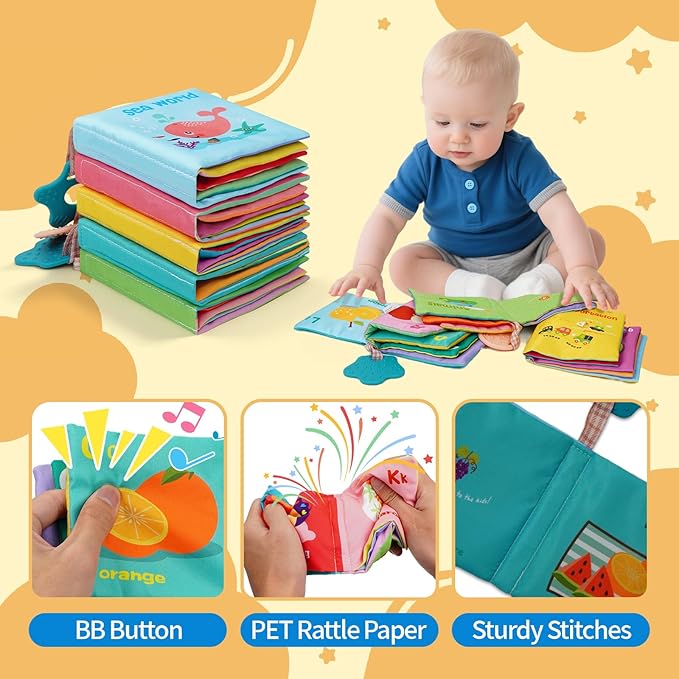 5-Pack Soft Cloth Crinkle Books for Babies 0-3, Washable Non-Toxic Sensory Early Educational Toys, Bath & Learning Cloth Books for Infants