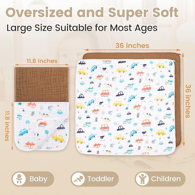 2 Pack Muslin Hooded Baby Bath Towels and 2 Pack WashCloth Set, 36x36 Inch Soft Cotton Bath Towel Baby Wipes Absorbent Bath Face Towels Burp Cloths Face Towels for Girl Boy(Coffee and Apricot)