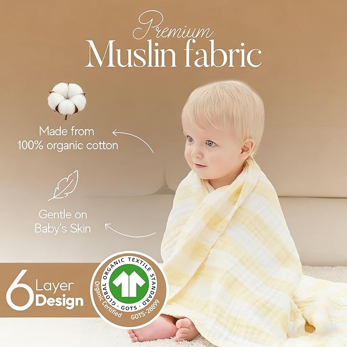 Muslin Baby Bath Towel Set - 100% Organic Cotton 5-Piece Set (2 Large Towels & 3 Washcloths), 6 Layer Super Soft Absorbent Gauze for Newborns (Yellow Stripe)