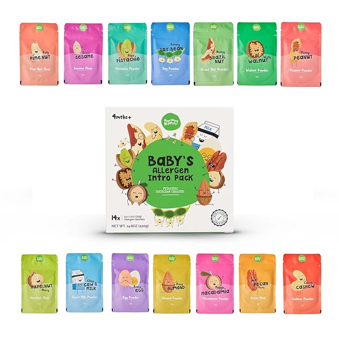 Nourishing Nippers Early Allergen Introduction - for Babies 4+ Months,14 Allergens in one pack, Including Peanut, Egg & Milk | Mix with Baby Food & Purees. 6 Month Supply