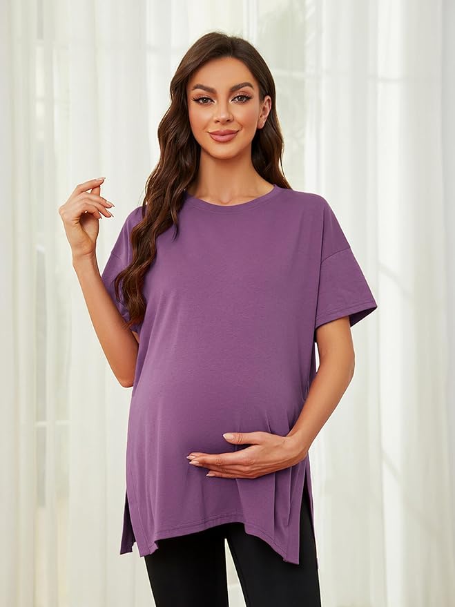 Ecavus Women's Casual Maternity Shirts Split Side Pregnancy Tops Blouses Short Sleeve Loose Fit Maternity Clothes