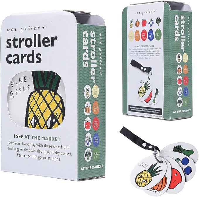 Wee Gallery Stroller Cards - I See In the Market- Food and Colors Travel Activity for Babies and Kids, with Snap on Strap for Walks, Car Seat, Bag, Stroller
