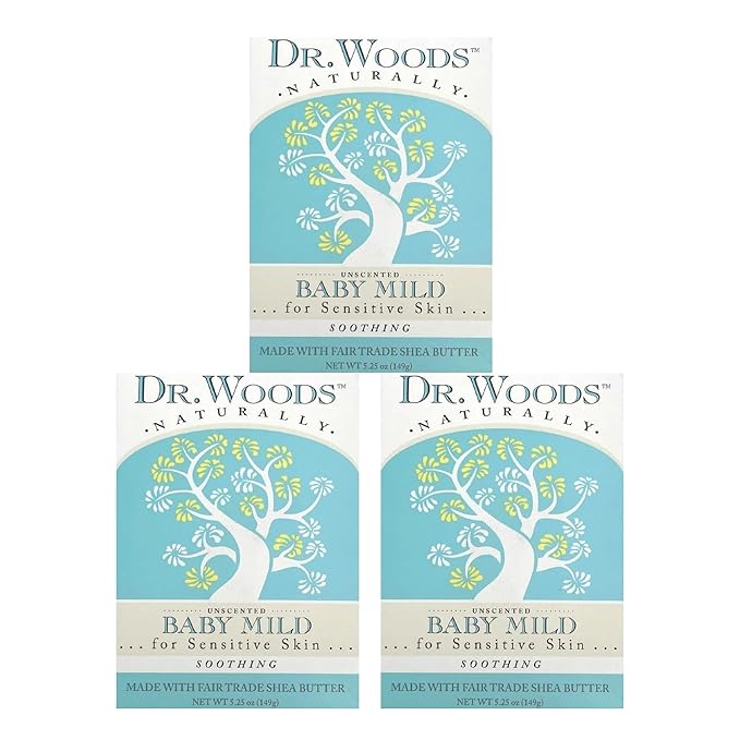 Dr. Woods Unscented Baby Mild Bar Soap with Organic Shea Butter - Made with Natural Oils, Fragrance Free Castile Bar Soap for Sensitive Skin - 5.25 Oz Bar (Pack of 3)