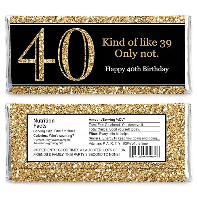 Big Dot of Happiness Adult 40th Birthday - Gold Candy Bar Wrappers Party Favors Set 24