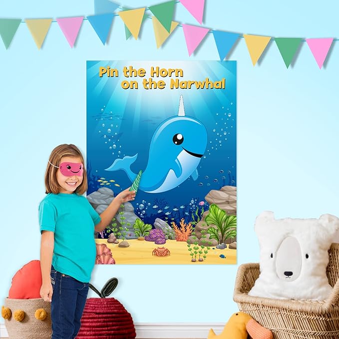 NEBURORA 2 Pack Pin The Horn on The Narwhal Party Game 2 Large 21"x 28" Posters with 48pcs Stickers Ocean-themed Birthday Party Supplies Decorations for Kids Boys Classroom Game Wall Home Decor