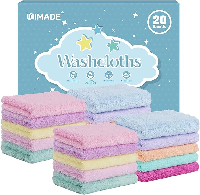Baby Washcloths, 20 Pack Super Soft Microfiber Coral Fleece Wash Cloths, Extra Absorbent Baby Towels for Newborns, Infants and Toddlers, Gentle on Sensitive Skin for Face and Body - 7" × 9"