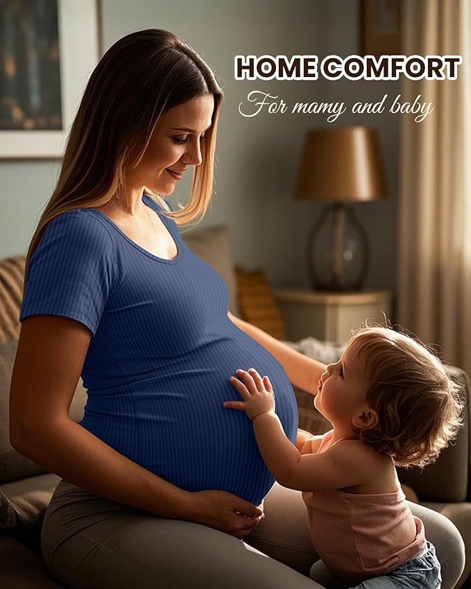 Neer 3 Pack Women's Ribbed Maternity Tops Pregnancy Round Neck Shirts Short Sleeve Soft Maternity Clothes for Mama