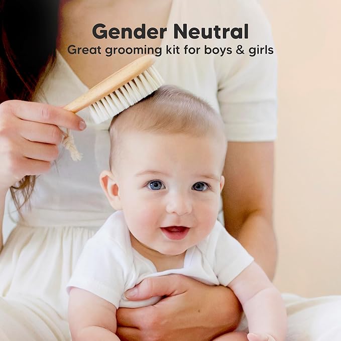 Baby Hair Brush Set for Newborns - Soft Goat Bristle Wooden Baby Brush and Comb Set Newborn Grooming Kit for Cradle Cap, Durable & Gentle, Boy, Girl Infant Essentials Care Kit (Oval, Walnut)