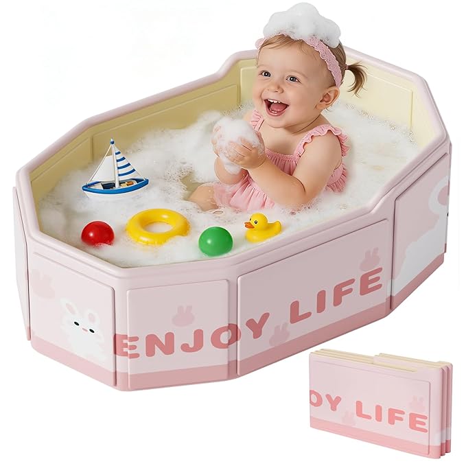 Collapsible Baby Bathtub for Shower, Portable Foldable Toddler Bath Tub with Non-Slip Base, Compact Travel Essentials for Kids & Infants, Easy Storage in Small Spaces, Pink