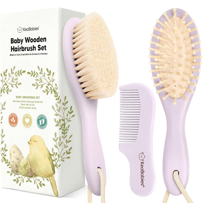 Baby Hair Brush Set for Newborns - Soft Goat Bristle Wooden Baby Brush and Comb Set Newborn Grooming Kit for Cradle Cap, Durable & Gentle, Boy, Girl Infant Essentials Care Kit (Oval, Thistle)