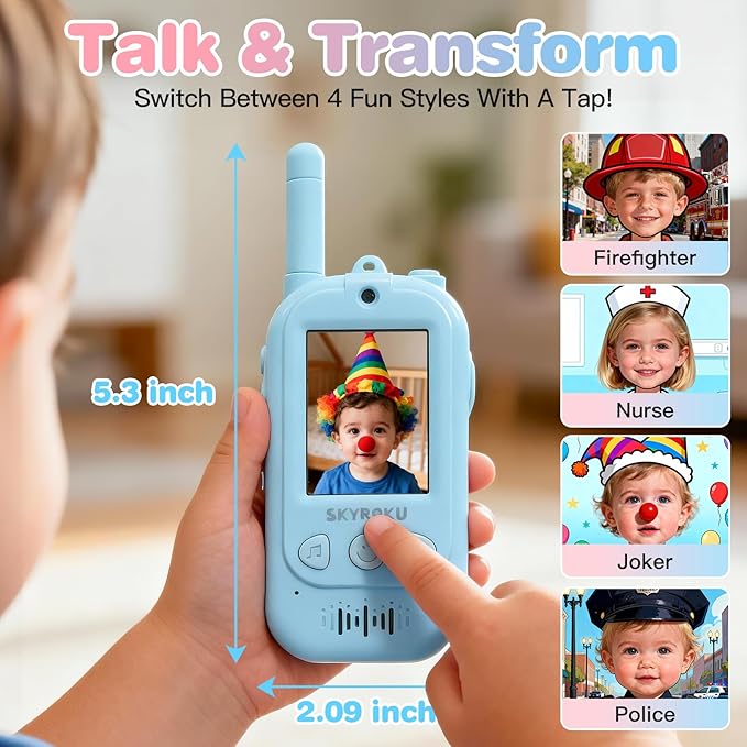 SKYROKU 2nd-Gen Video Walkie Talkies for Kids, 2000ft Long Range Rechargeable Walky Talkies, AI Virtual Costumes & Voice Changer, Outdoor Camping Toys Gift for Boys Girls Ages 3-12 (Blue&Blue)