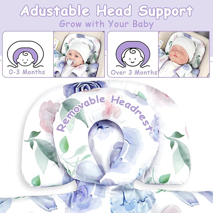 TANOFAR Infant Car Seat Insert with Removable Cushion for Baby Girls, Reversible Newborn Carseat Insert for Baby Head Body Support, Fits for Stroller, Baby Swing, Bouncer (Purple Flower)