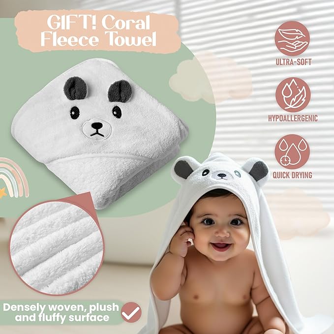 2inch XL Baby Bath Kneeler and Elbow Rest Pad Set + Hooded Towel - Embroidered Kneeling Pad for Bathing Baby - Dual-Layer Memory Foam Bathtub Kneeler and Elbow Rest Set